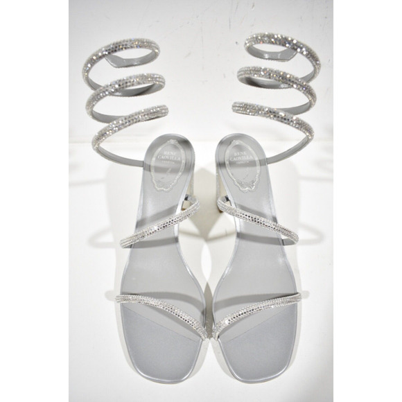 Rene Caovilla Cleo Grey Silver Crystal Wrap Strap Sandal Block Heel Pump 37.5 - Picture 7 of 12